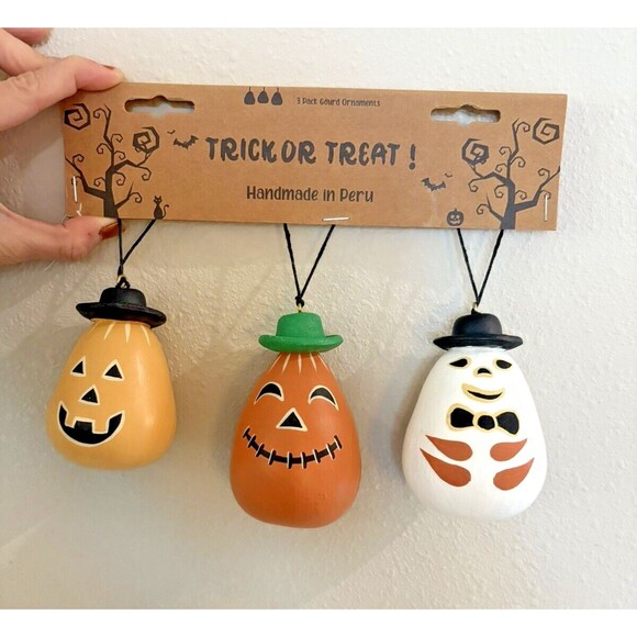 Halloween Gourd Ornaments Set of 3 Handmade in Peru Brand New - Picture 1 of 11